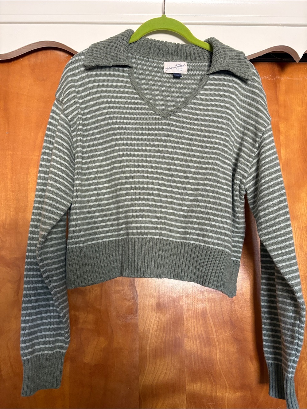 Universal Thread Olive Green and White Striped V-Neck Collared Sweater